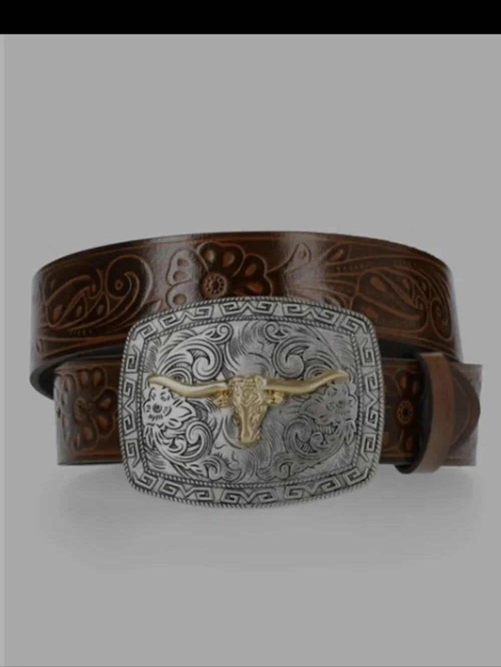 Lee Kacey Women's Embossed Leather Belt with Longhorn Buckle